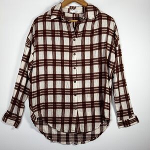 Shop Neighbor Plaid Shirt Womens Small Brown White Cotton Long Sleeve Textured